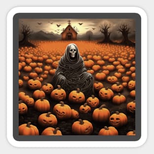 Skeleton Ghost And Creepy Pumpkin Patch Of Jack O Lanterns Sticker